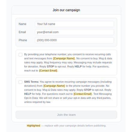 Join our campaign form example from ElectHQ platform guidance